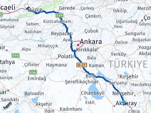 Aksaray Gülağaç Düzce Arası Kaç Km - Yol Haritası