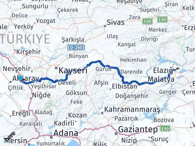 Aksaray Gülağaç Elazığ Arası Kaç Km - Yol Haritası