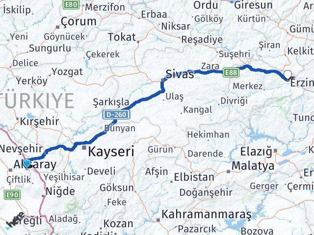 Aksaray Gülağaç Erzincan Arası Kaç Km - Yol Haritası