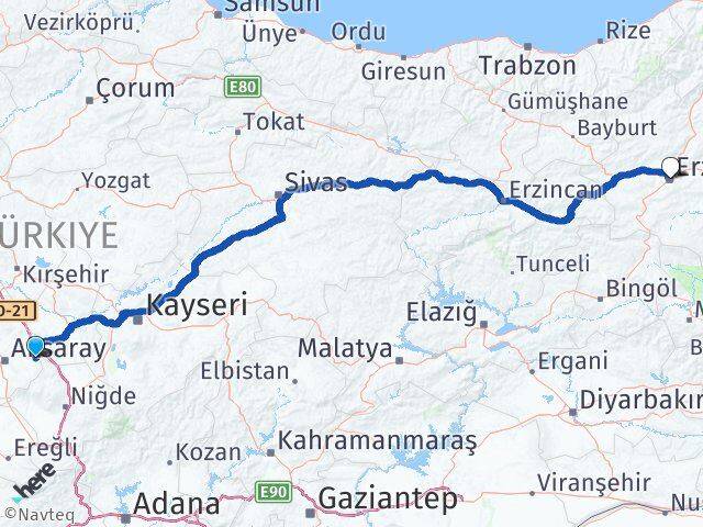Aksaray Gülağaç Erzurum Arası Kaç Km - Yol Haritası
