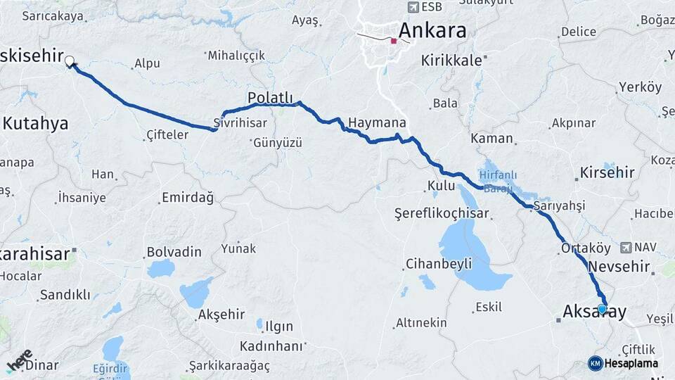 Aksaray Gülağaç Eskişehir Arası Kaç Km - Yol Haritası