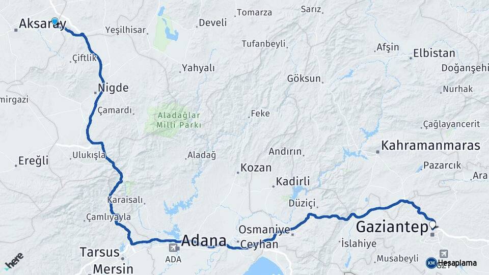 Aksaray Gülağaç Gaziantep Arası Kaç Km - Yol Haritası