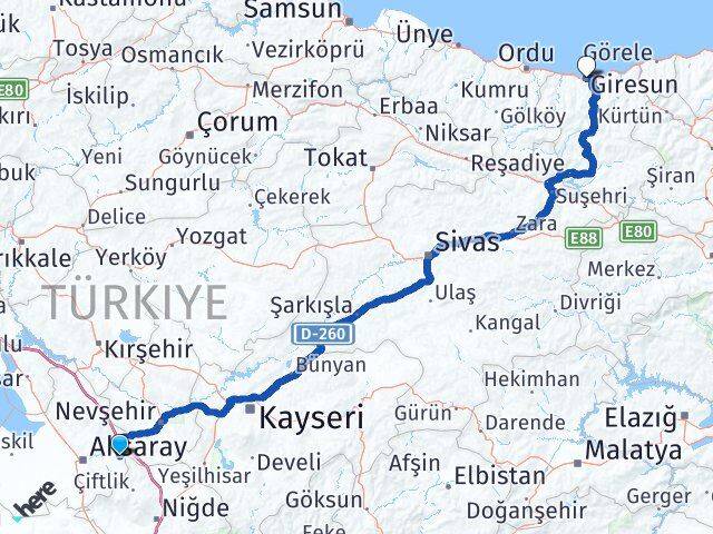 Aksaray Gülağaç Giresun Arası Kaç Km - Yol Haritası