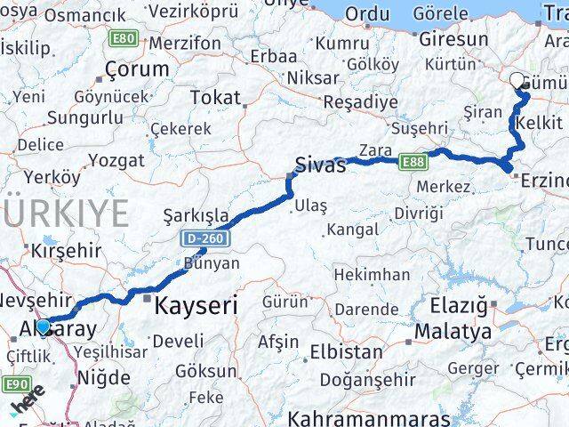 Aksaray Gülağaç Gümüşhane Arası Kaç Km - Yol Haritası