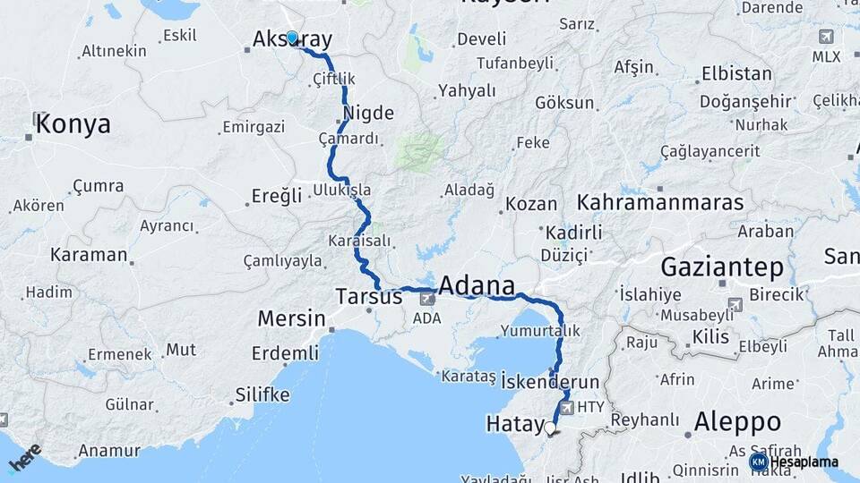 Aksaray Gülağaç Hatay Arası Kaç Km - Yol Haritası