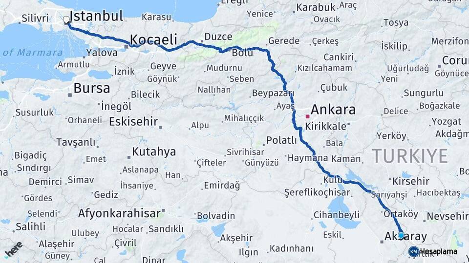 Aksaray Gülağaç İstanbul Arası Kaç Km - Yol Haritası