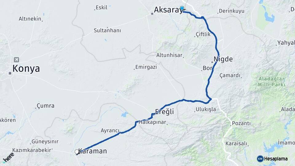 Aksaray Gülağaç Karaman Arası Kaç Km - Yol Haritası