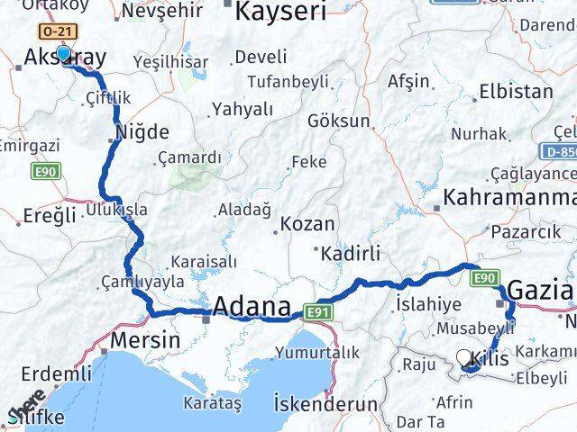 Aksaray Gülağaç Kilis Arası Kaç Km - Yol Haritası
