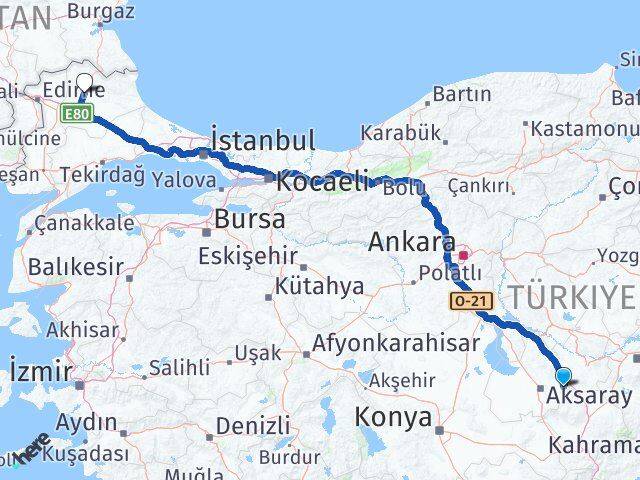 Aksaray Gülağaç Kırklareli Arası Kaç Km - Yol Haritası
