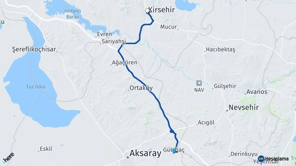 Aksaray Gülağaç Kırşehir Arası Kaç Km - Yol Haritası