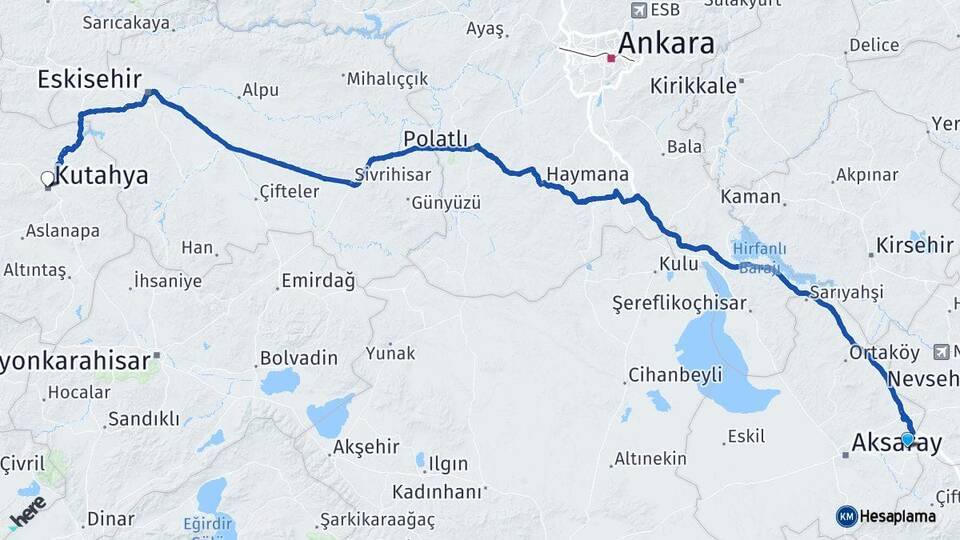 Aksaray Gülağaç Kütahya Arası Kaç Km - Yol Haritası