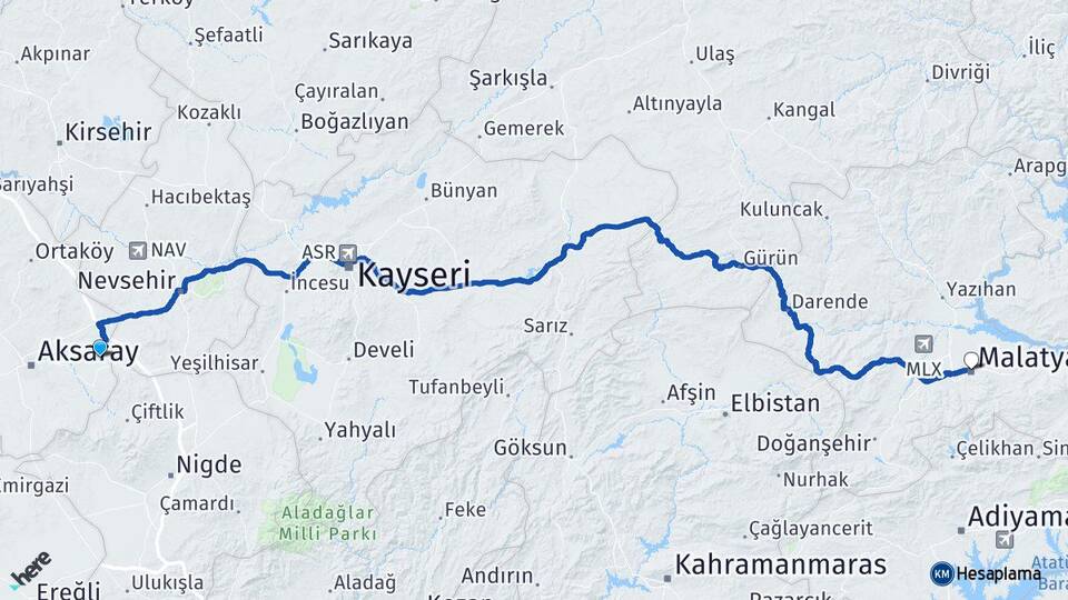 Aksaray Gülağaç Malatya Arası Kaç Km - Yol Haritası