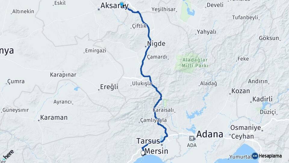 Aksaray Gülağaç Mersin Arası Kaç Km - Yol Haritası