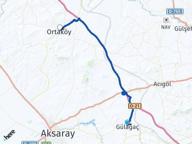 Aksaray Gülağaç Ortaköy Arası Kaç Km - Yol Haritası