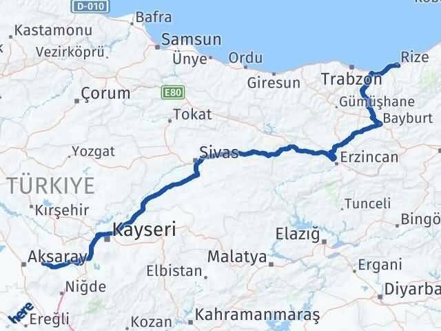 Aksaray Gülağaç Rize Arası Kaç Km - Yol Haritası