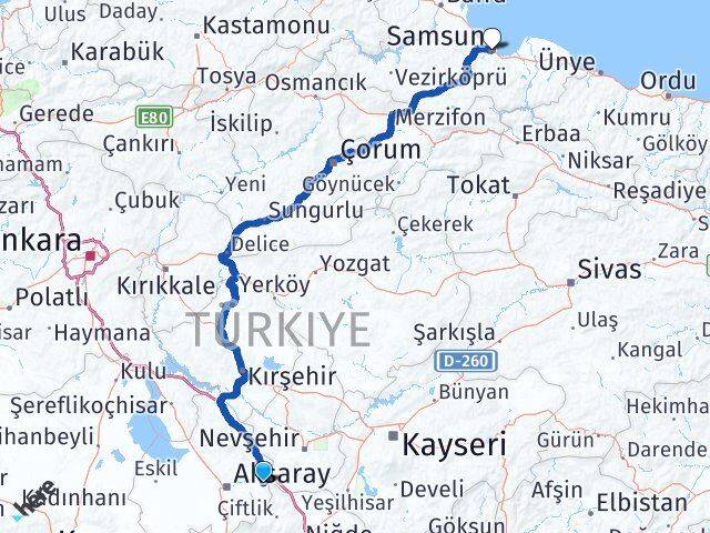 Aksaray Gülağaç Samsun Arası Kaç Km - Yol Haritası