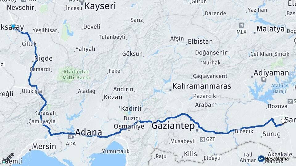 Aksaray Gülağaç Şanlıurfa Arası Kaç Km - Yol Haritası