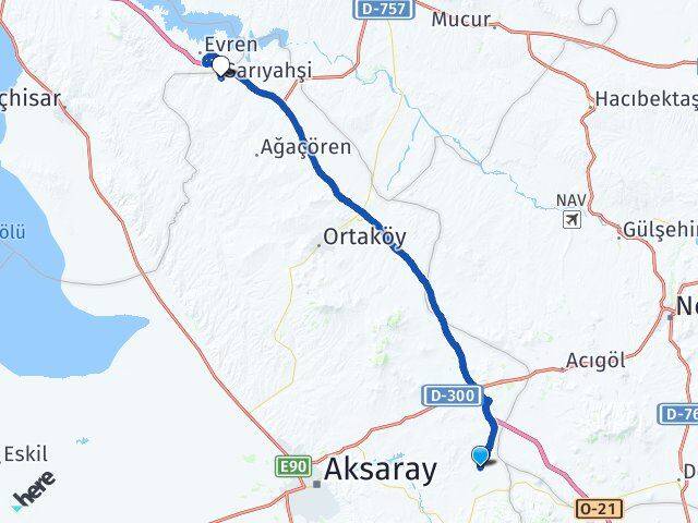 Aksaray Gülağaç Sarıyahşi Arası Kaç Km - Yol Haritası