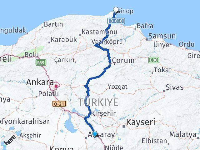 Aksaray Gülağaç Sinop Arası Kaç Km - Yol Haritası