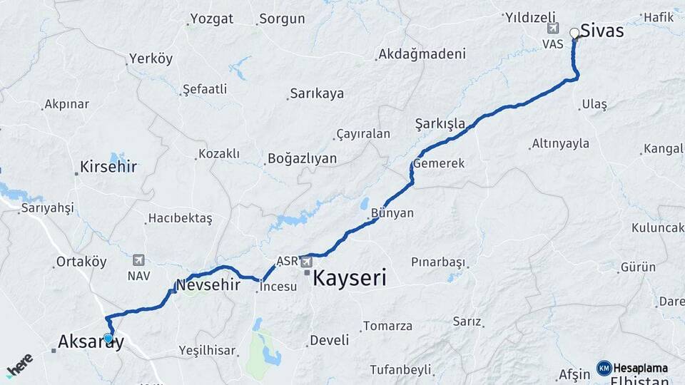 Aksaray Gülağaç Sivas Arası Kaç Km - Yol Haritası
