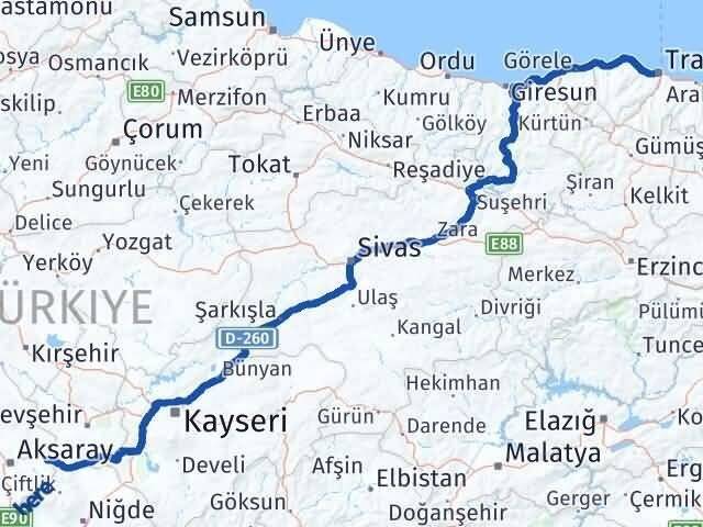 Aksaray Gülağaç Trabzon Arası Kaç Km - Yol Haritası