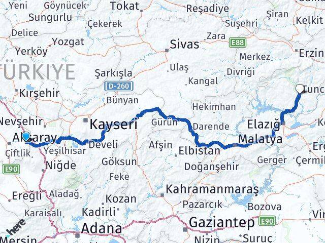 Aksaray Gülağaç Tunceli Arası Kaç Km - Yol Haritası