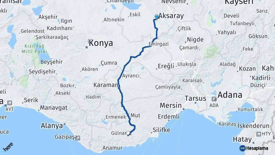 Aksaray Gülnar Mersin Arası Kaç Km - Yol Haritası