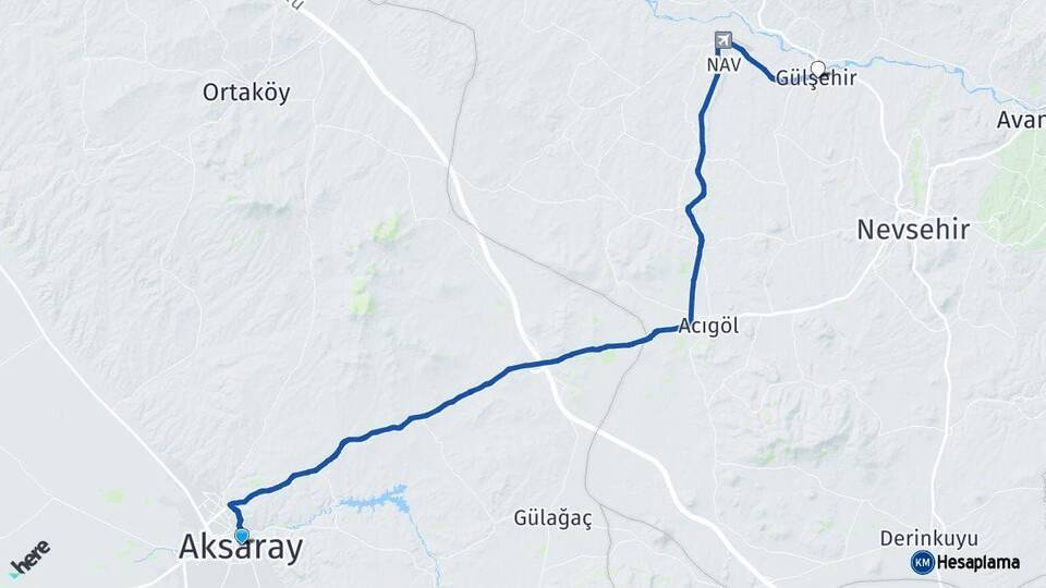 Aksaray Gülşehir Nevşehir Arası Kaç Km - Yol Haritası