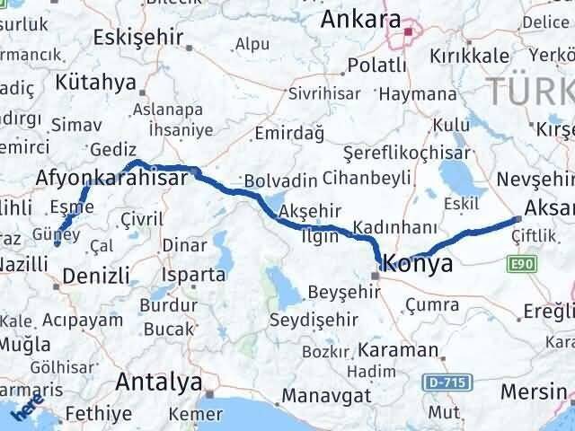 Aksaray Güney Denizli Arası Kaç Km - Yol Haritası