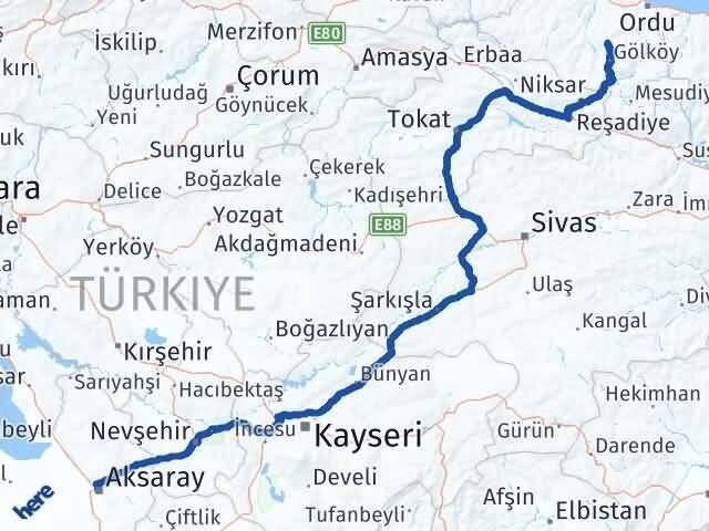 Aksaray Gürgentepe Ordu Arası Kaç Km - Yol Haritası
