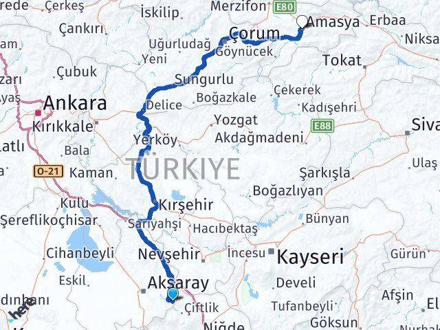 Aksaray Güzelyurt Amasya Arası Kaç Km - Yol Haritası