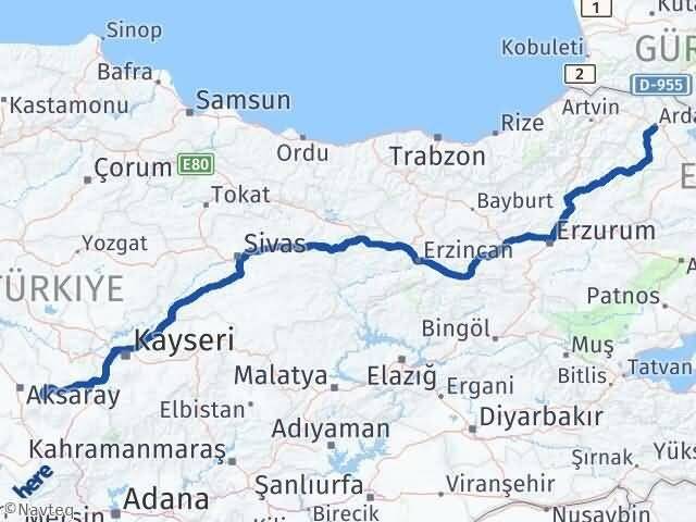Aksaray Güzelyurt Ardahan Arası Kaç Km - Yol Haritası