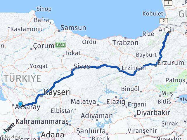 Aksaray Güzelyurt Artvin Arası Kaç Km - Yol Haritası