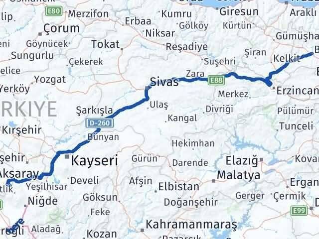 Aksaray Güzelyurt Bayburt Arası Kaç Km - Yol Haritası