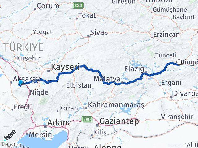 Aksaray Güzelyurt Bingöl Arası Kaç Km - Yol Haritası