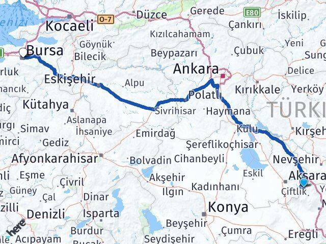 Aksaray Güzelyurt Bursa Arası Kaç Km - Yol Haritası