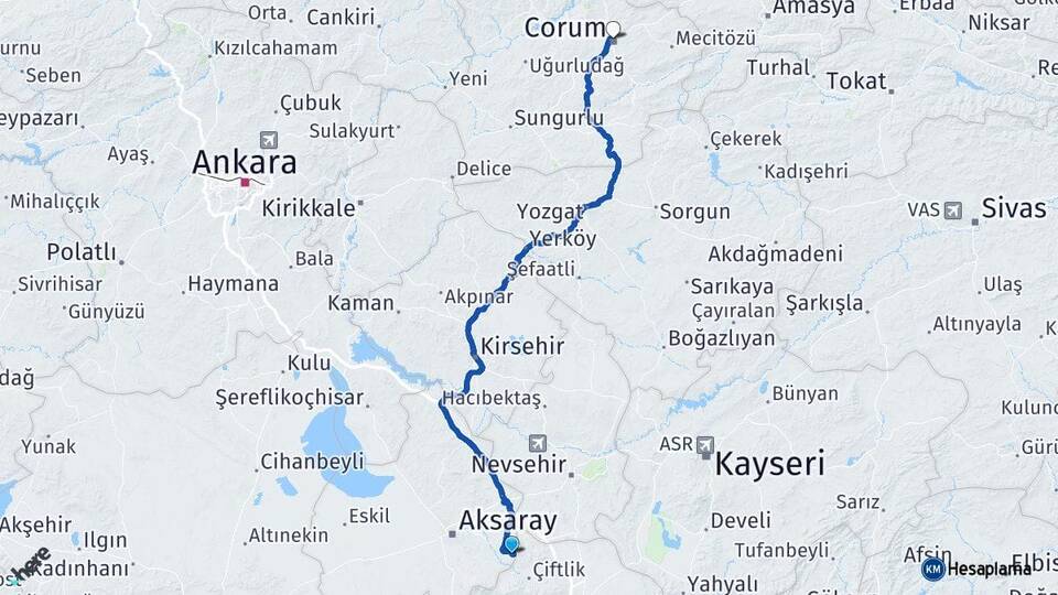 Aksaray Güzelyurt Çorum Arası Kaç Km - Yol Haritası