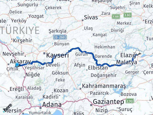 Aksaray Güzelyurt Elazığ Arası Kaç Km - Yol Haritası