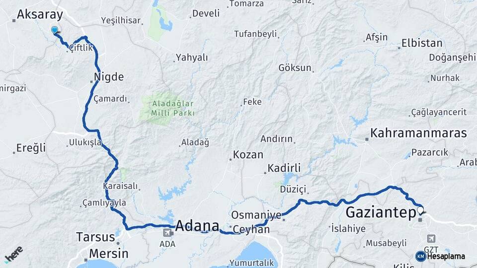 Aksaray Güzelyurt Gaziantep Arası Kaç Km - Yol Haritası