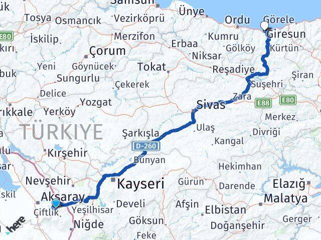 Aksaray Güzelyurt Giresun Arası Kaç Km - Yol Haritası