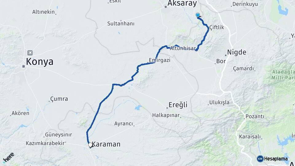 Aksaray Güzelyurt Karaman Arası Kaç Km - Yol Haritası