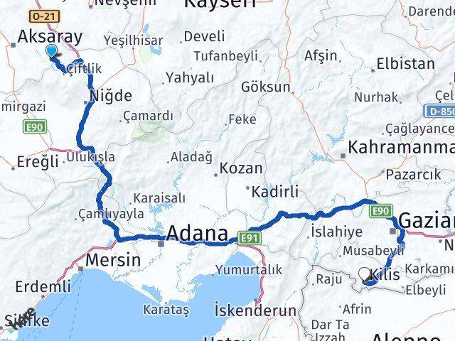 Aksaray Güzelyurt Kilis Arası Kaç Km - Yol Haritası