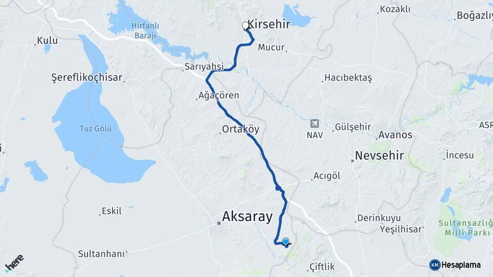 Aksaray Güzelyurt Kırşehir Arası Kaç Km - Yol Haritası