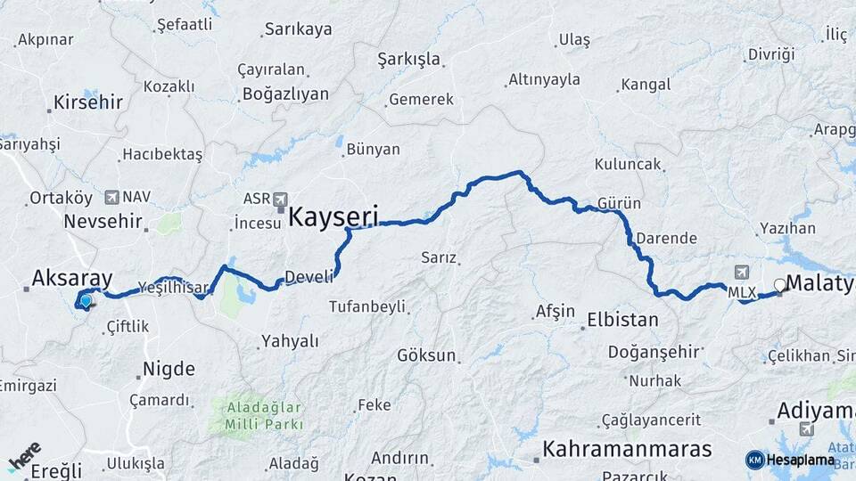 Aksaray Güzelyurt Malatya Arası Kaç Km - Yol Haritası