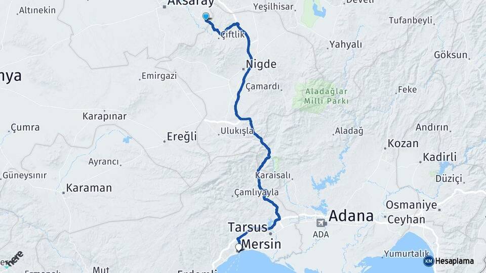 Aksaray Güzelyurt Mersin Arası Kaç Km - Yol Haritası