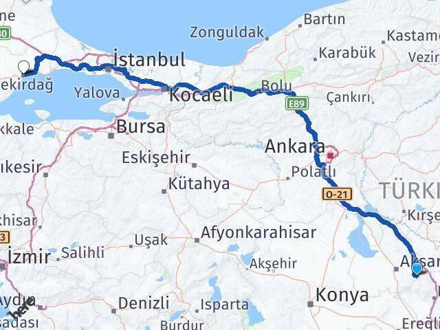 Aksaray Güzelyurt Tekirdağ Arası Kaç Km - Yol Haritası