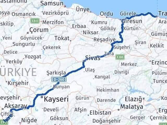 Aksaray Güzelyurt Trabzon Arası Kaç Km - Yol Haritası