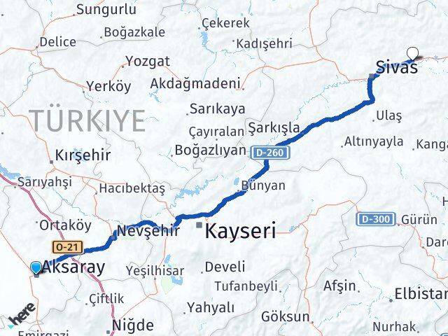 Aksaray Hafik Sivas Arası Kaç Km - Yol Haritası