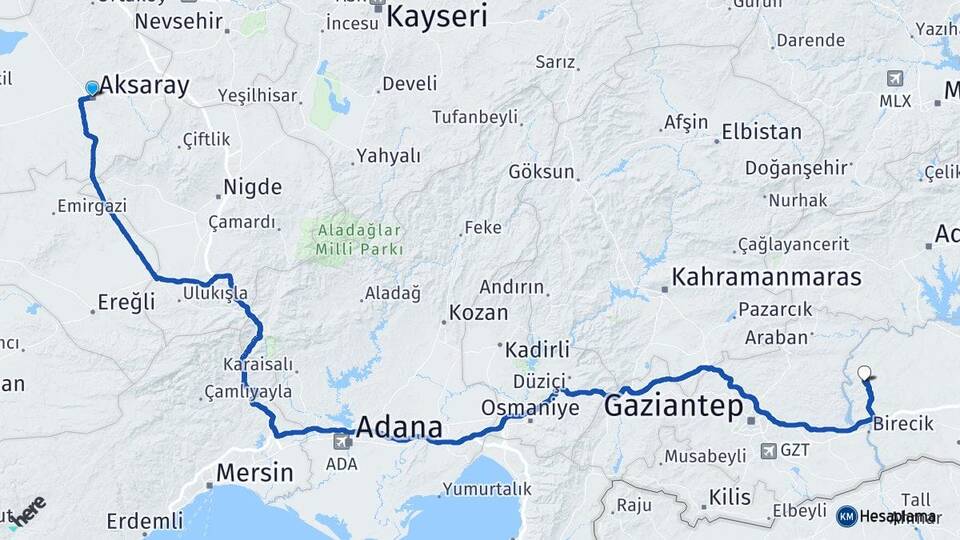 Aksaray Halfeti Şanlıurfa Arası Kaç Km - Yol Haritası