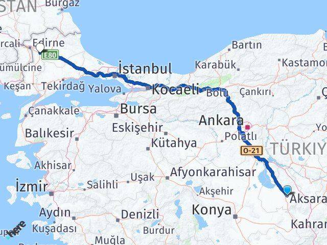 Aksaray Havsa Edirne Arası Kaç Km - Yol Haritası